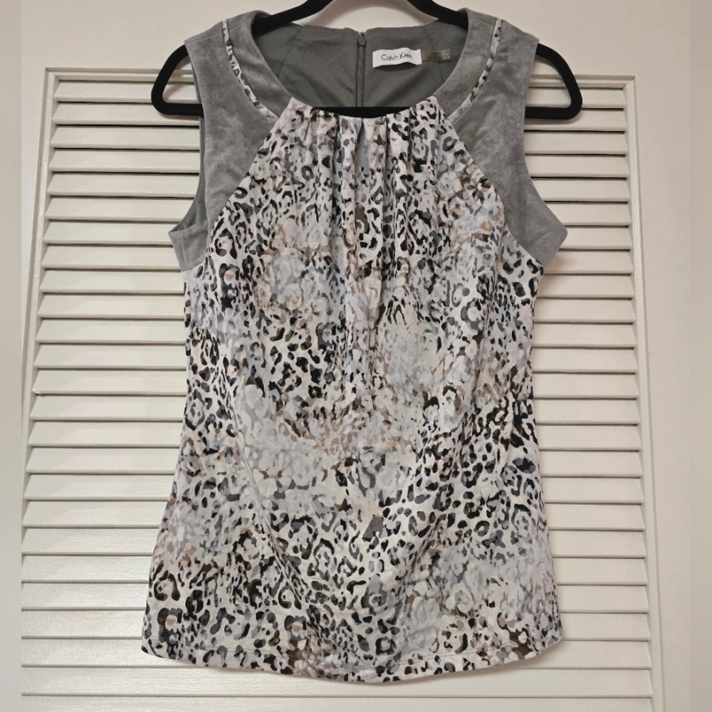 Calvin Klein - Animal Print & Grey Suede Sleeveless Top With Back Zipper